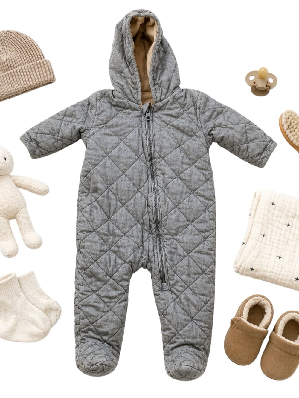 GAP Baby Quilted Snowsuit Hooded Bunting Denim Blue 12-18 Months Winter in EUC